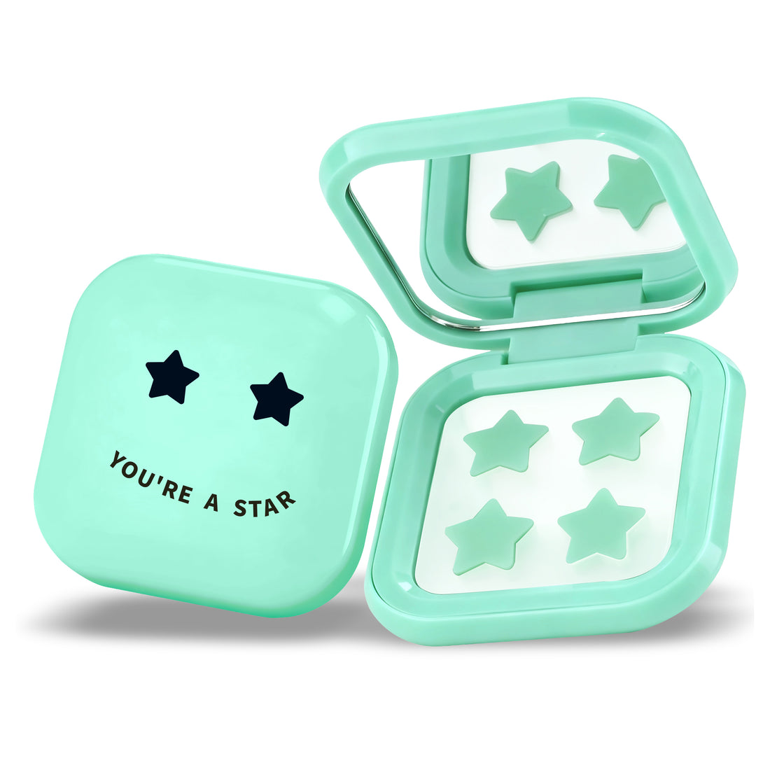 PIMPLE STAR PATCHES & MIRROR CASE Green Pimple Patches - Anti-Blemish Stars in portable mirror case, 32 patches
